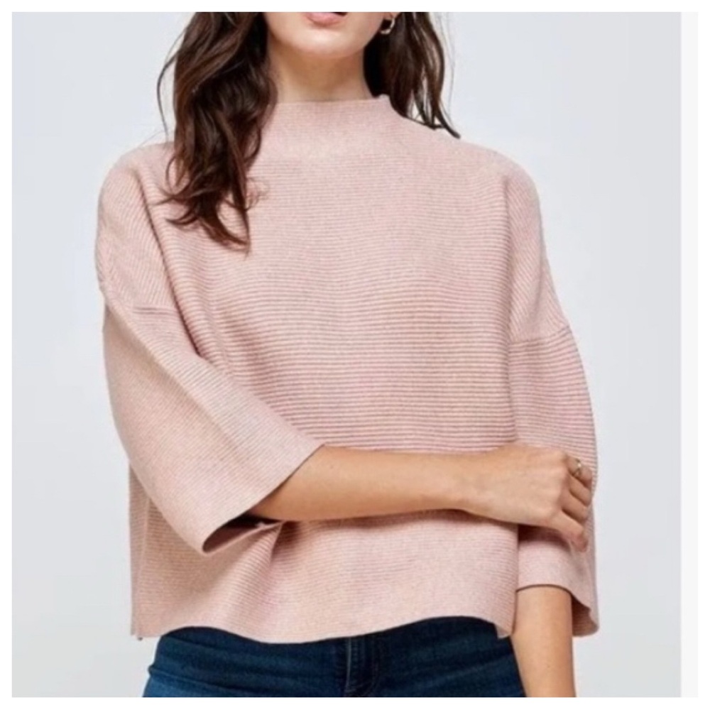 Ellison Pink Mock Neck Boxy Ribbed Sweater Size Small Oversized 3/4 Sleeves